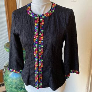Special Occasion black jacket embellished with colorful jewel tones by Analogy